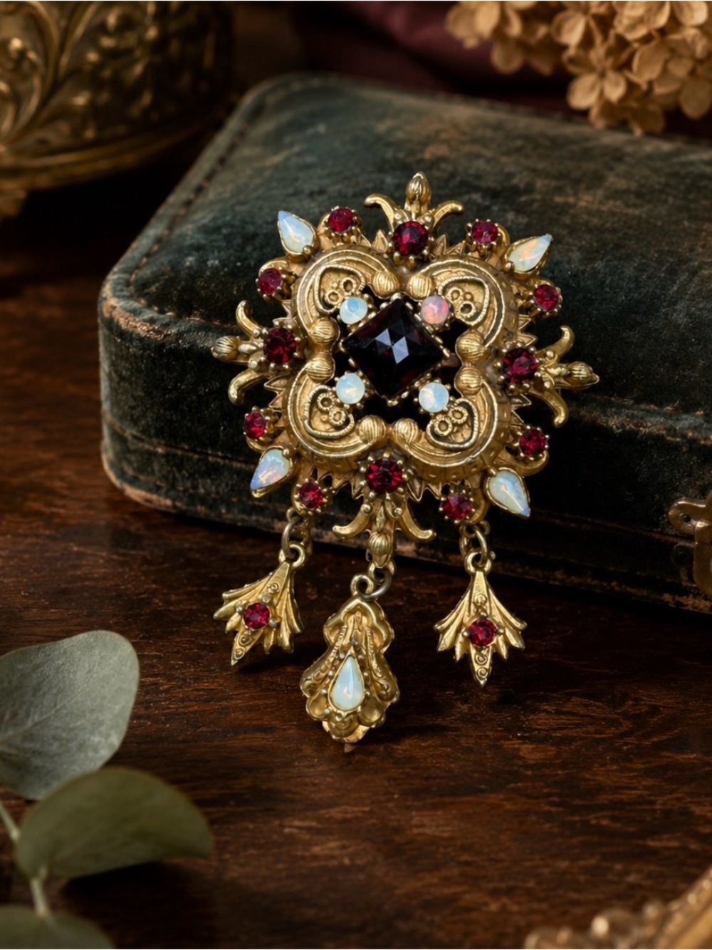 FLORENZA Vintage Victorian Revival Faux Garnet & Fiery Opal Dangle Brooch